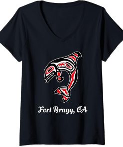 Womens Native American Fort Bragg CA Red Orca Killer Whale V-Neck T-Shirt