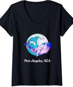 Womens Port Angeles WA Japanese Paint Geometric Orca Killer Whale V-Neck T-Shirt